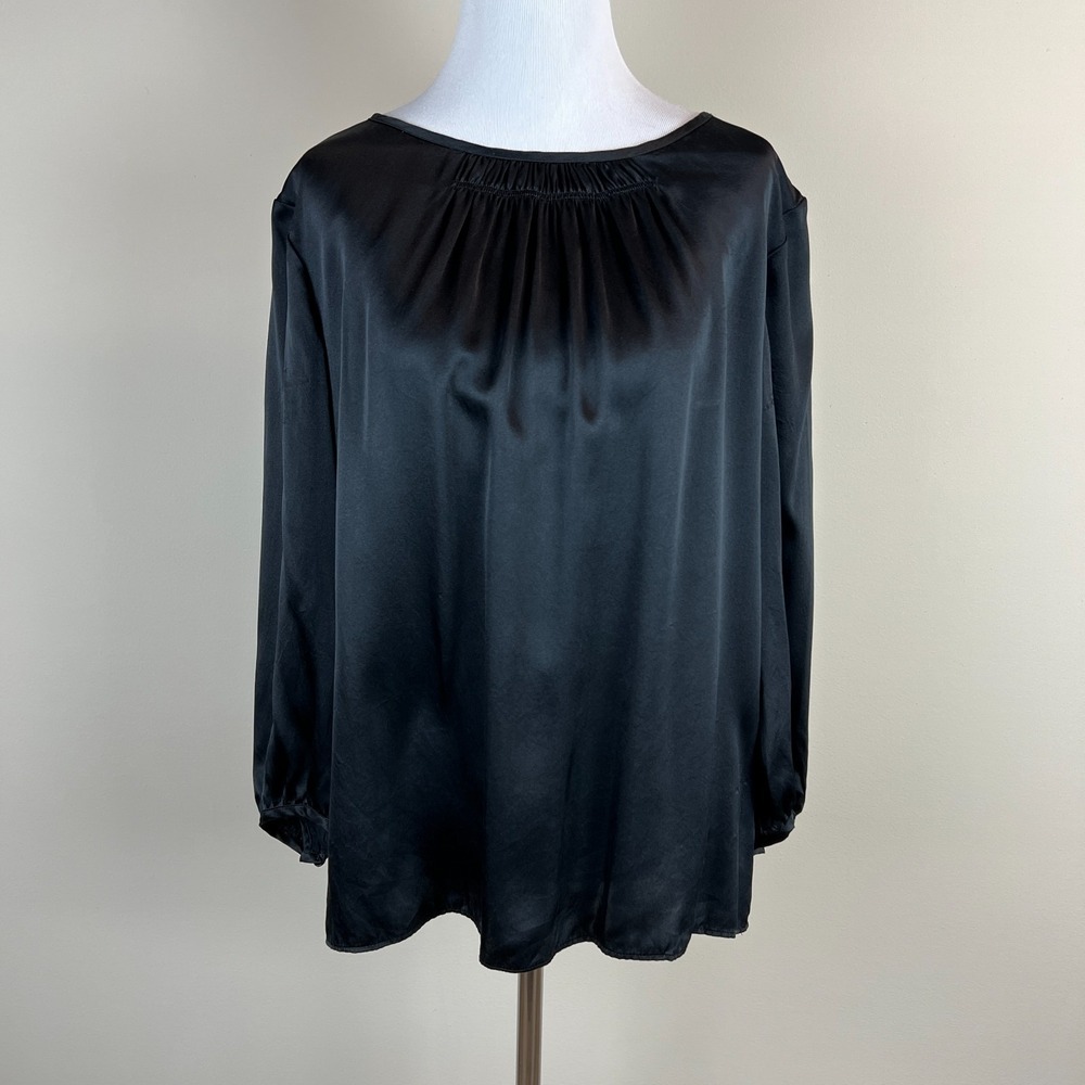 Talbots Blouse Top Womens 10 Black 100% Silk Satin 3/4 Sleeve Classic Office